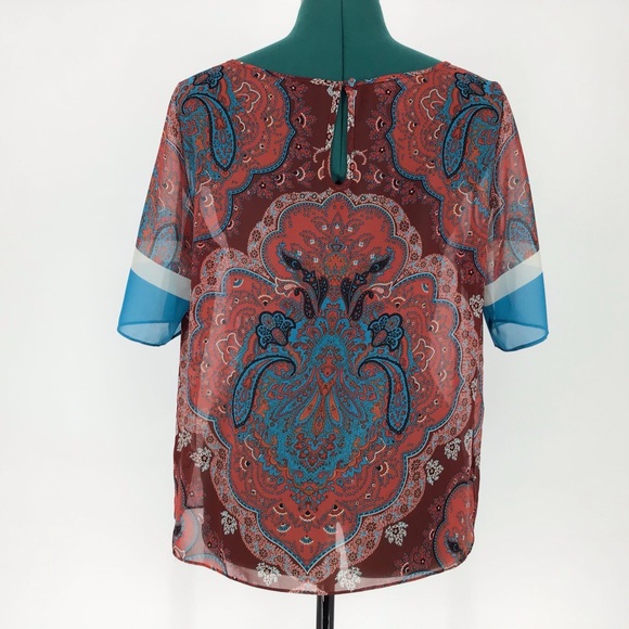 INC Sheer Red Paisley Short Sleeve Top, 12 - Picture 7 of 16